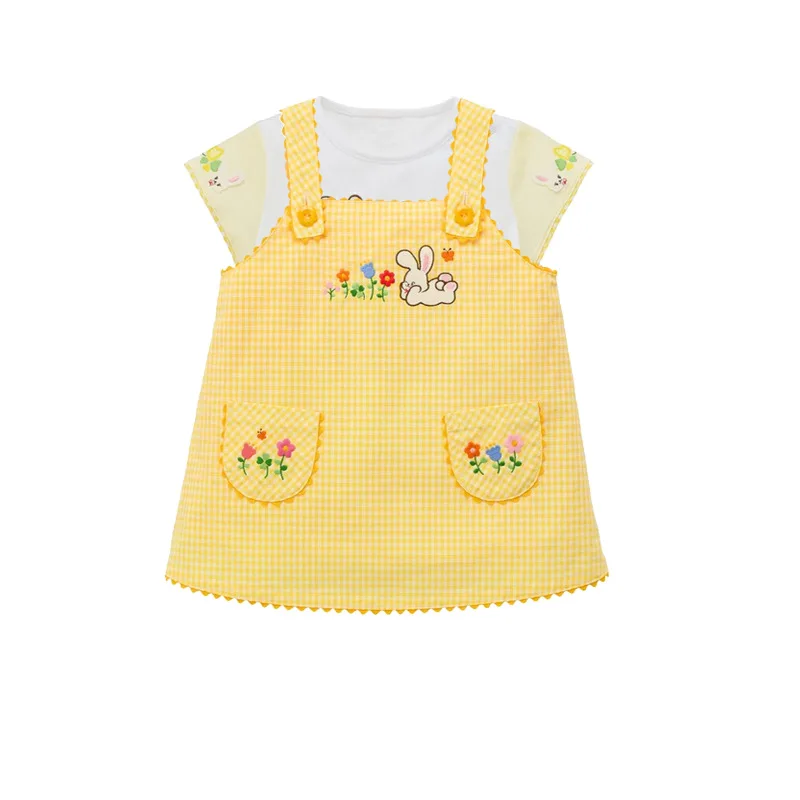 Robe salopette en coton jaune à carreaux avec motif lapin de dessin animé pour filles de 3 à 6 ans, nouvelle robe d'été à fleurs pour bébé