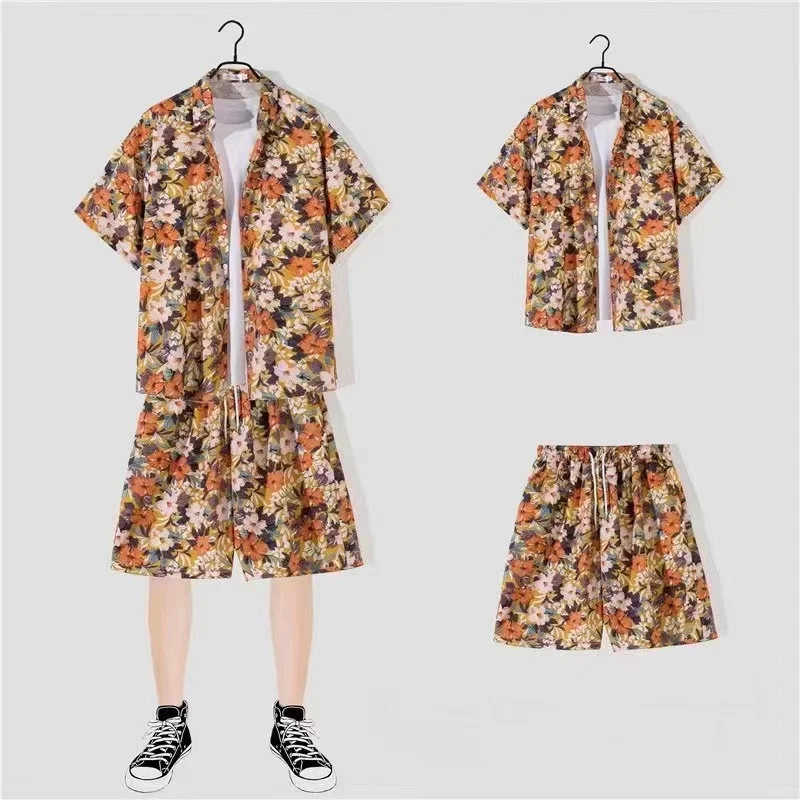 Summer Men's Casual Beach Suit Loose Handsome Hawaiian Beach Travel Quick Drying Short Sleeve Floral Shirt Shorts Two Piece Set