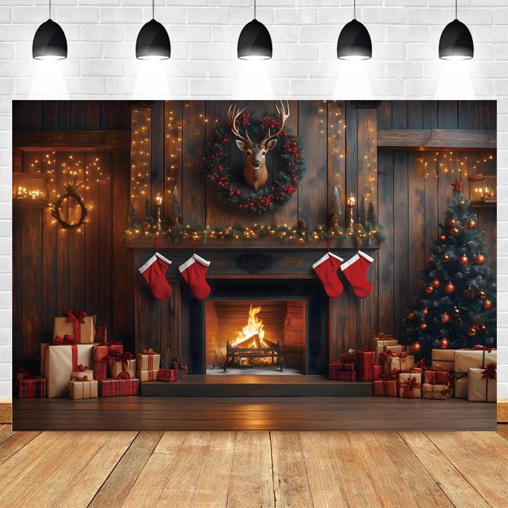 Christmas Fireplace Photography Backdrop Xmas Tree Gifts Toy Bear Socks Wreath Kids Portrait Family Party Decor Photo Background