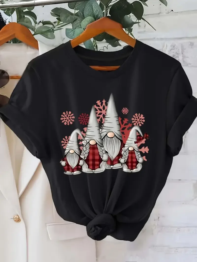 2026 عيد الميلاد جنوم الجرافيك تي شيرت قصير الأكمام الجولة الرقبة رداء علوي غير رسمي قابل للغسل عطلة حفلة المحملة للنساء مضحك جنوم هدية