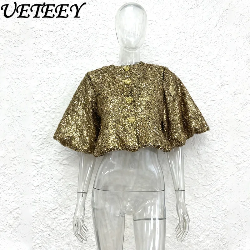 2025 Herfst Nieuwe Mode Veelzijdige Losse Half Mouw Top voor Vrouwen Franse Stijl Elegante Socialite Single-Breasted Korte Shirt