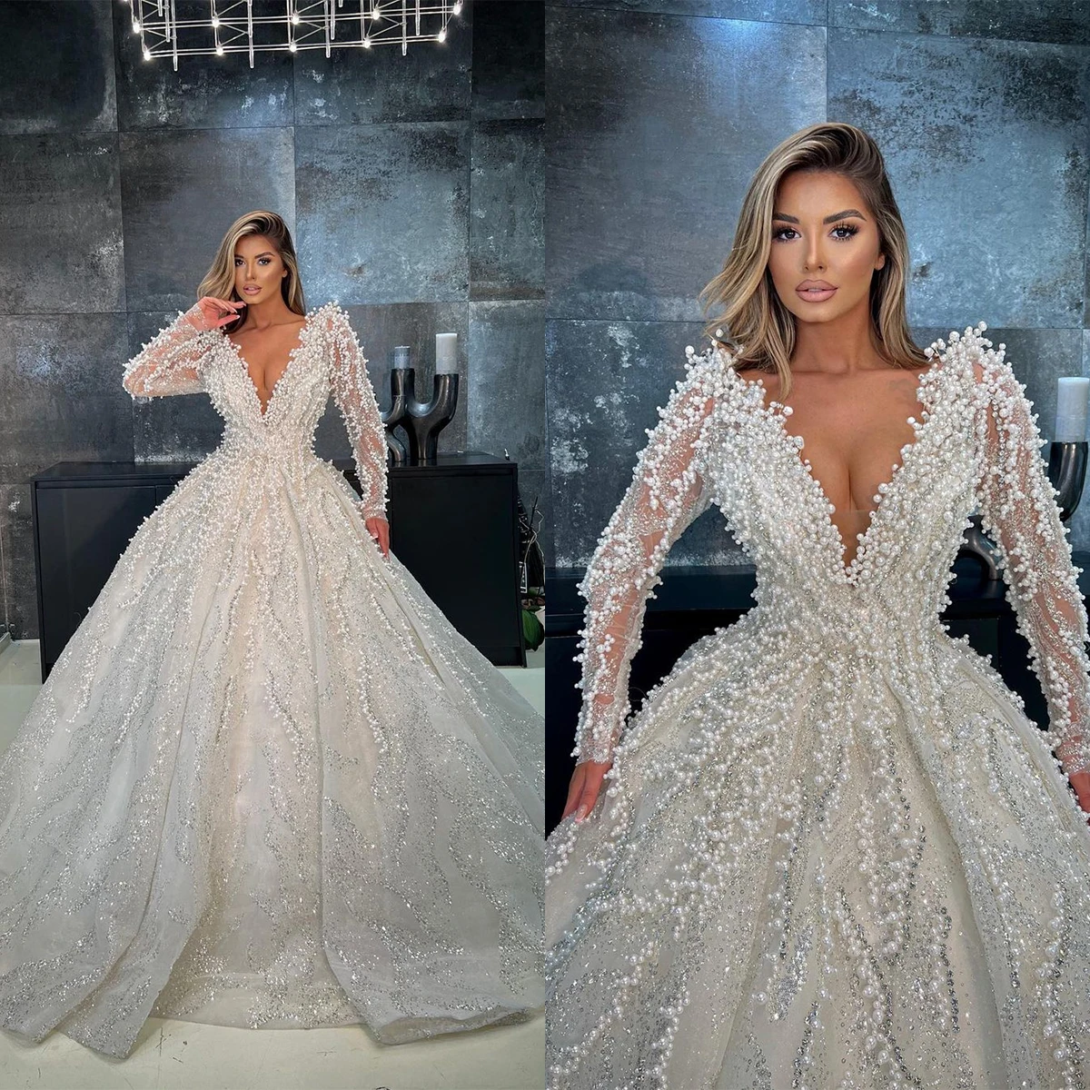 

Illusion A-Line Wedding Dress For Women Pearls Crystal V-Neck Bridal Gown Long Sleeves Sweep Train Skirt Custom Made