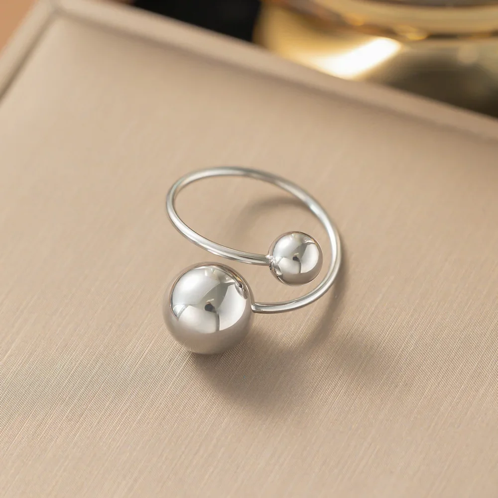 Anillo No Fade Stainless Steel Double Ball Adjustable Open Spheres Wrap Around Ring For Women Asymmetrical Jewelry Accessory