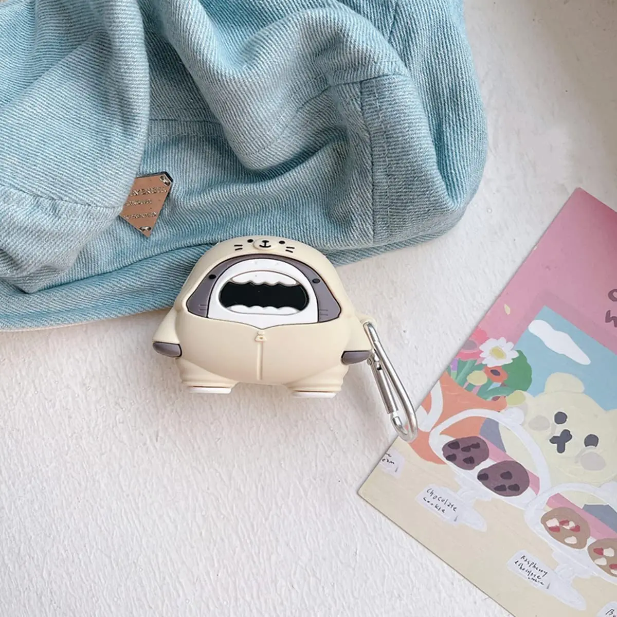 3D Cute Cartoon Hoodies Balck White Shark Silicone Wireless Headset Protector Case for Xiaomi Redmi Buds 4 lite with Hook image 5