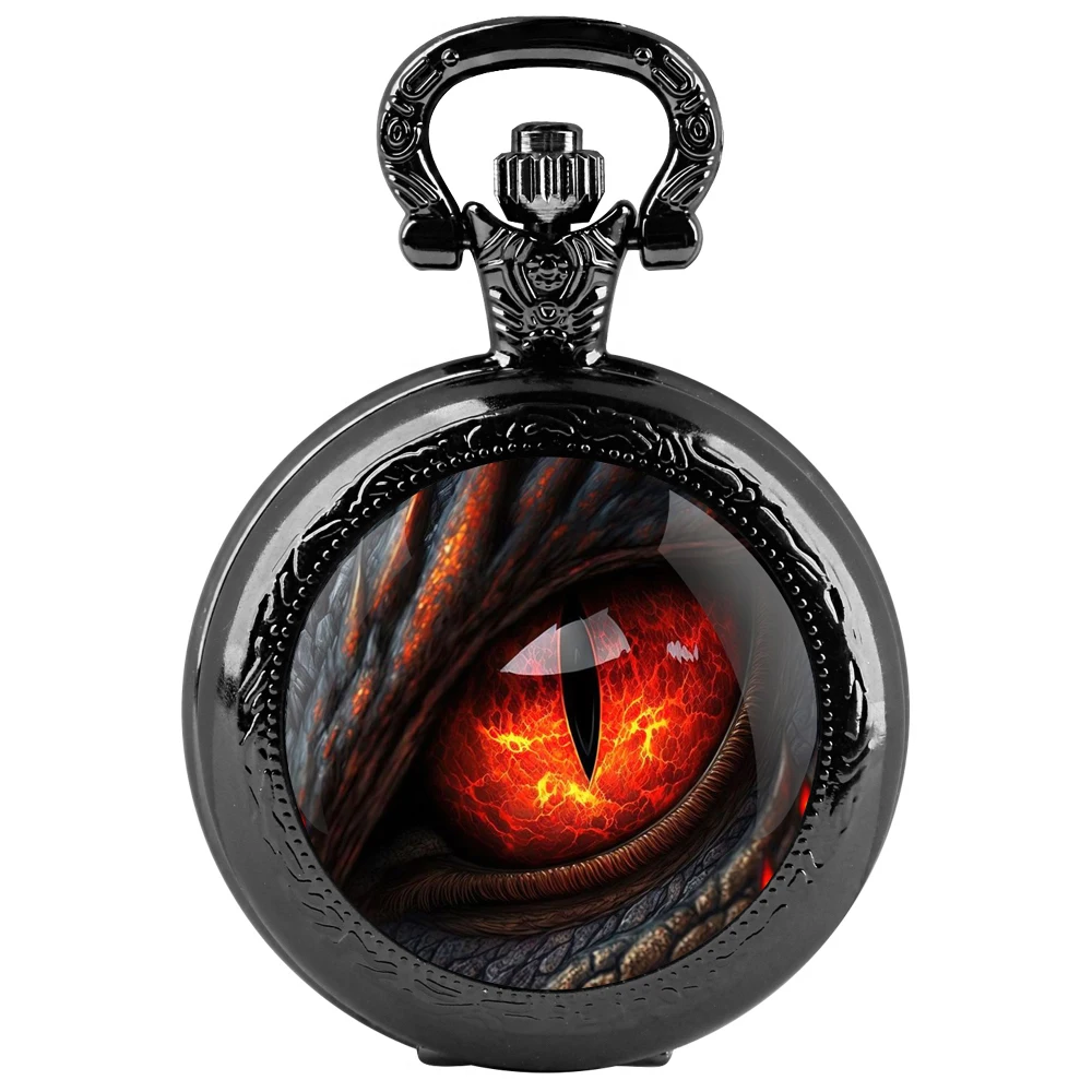 Orologio da tasca al quarzo nero con cupola in vetro Dragon Eye con quadrante con numeri arabi e catena resistente, regalo retrò per uomini e donne
