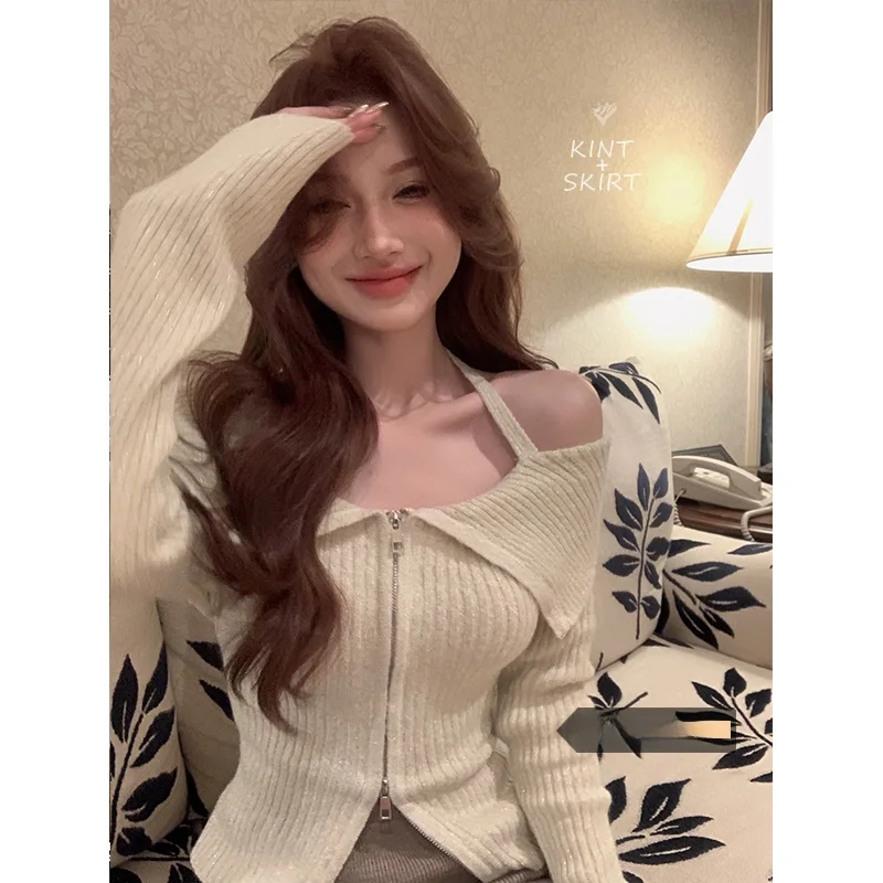 Double Zipper Knit cardigan Women Autumn 2024 New  Pure Desire Sweater Slim fit Short Split Hanging Neck Top