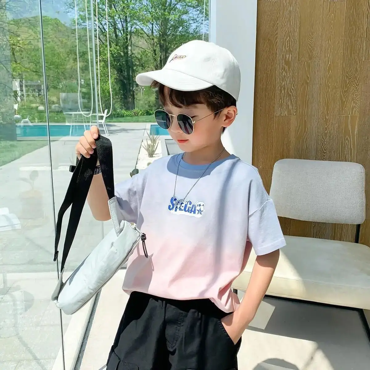 Fashion Gradient T-shirts Outfit Summer Children's O Neck Tshirt And Casual Short Pants Ensembles Korean Boys 2 Piece Sets