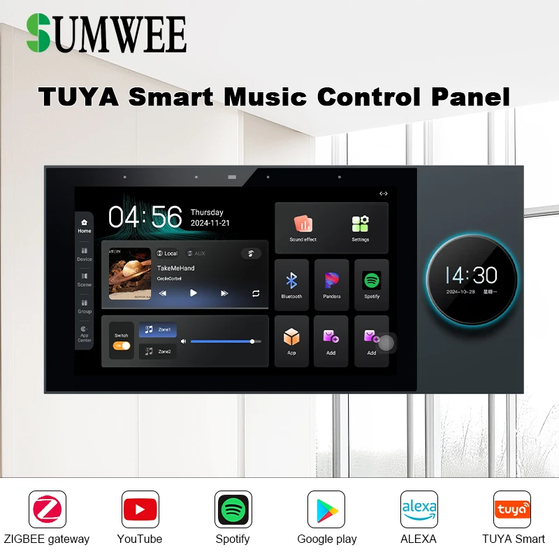 

7-дюймовая домашняя умная аудиосистема TUYA, шлюз zigbee, звук в настенных усилителях android 11 ALEXA WIFI Bluetooth, панель управления музыкой