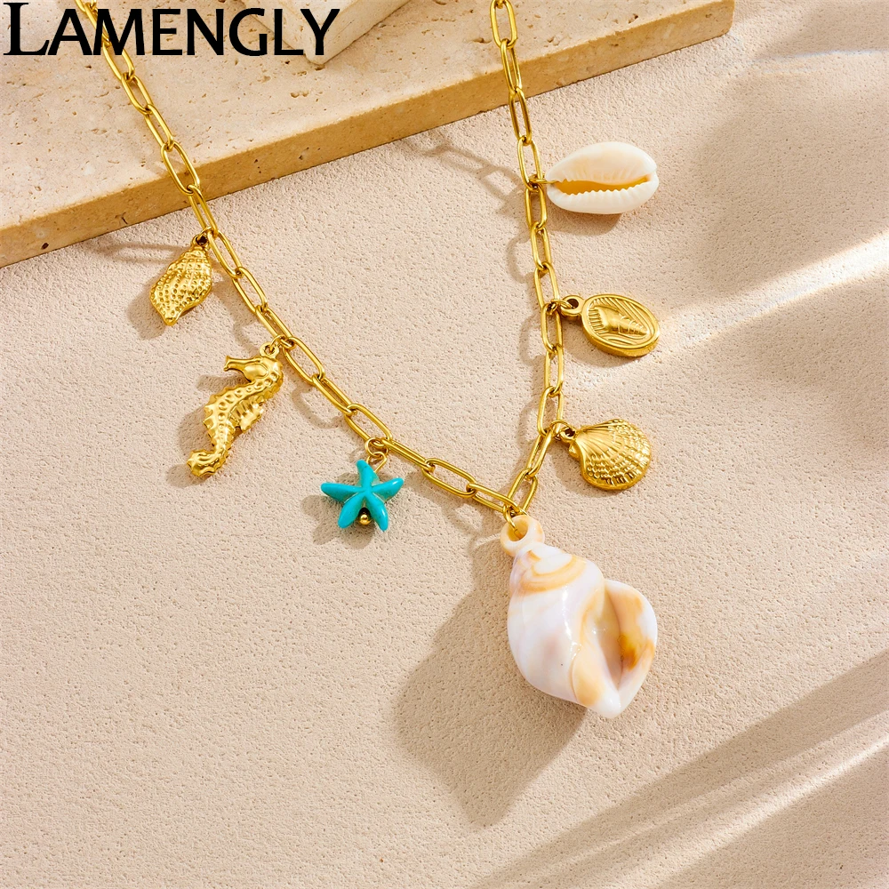 

LAMENGLY 316L Stainless Steel Marine Animal Seahorse Starfish Conch Pendant Necklace Women Summer Novel Trend Neck Chain Gift