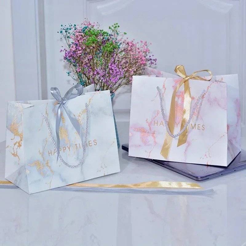 

10pcs Creative Gold Silver Ribbon Pink Marble European Style HAPPY TINES Gift Bag Gift Bag Birthday Wedding Favors Candy Bags