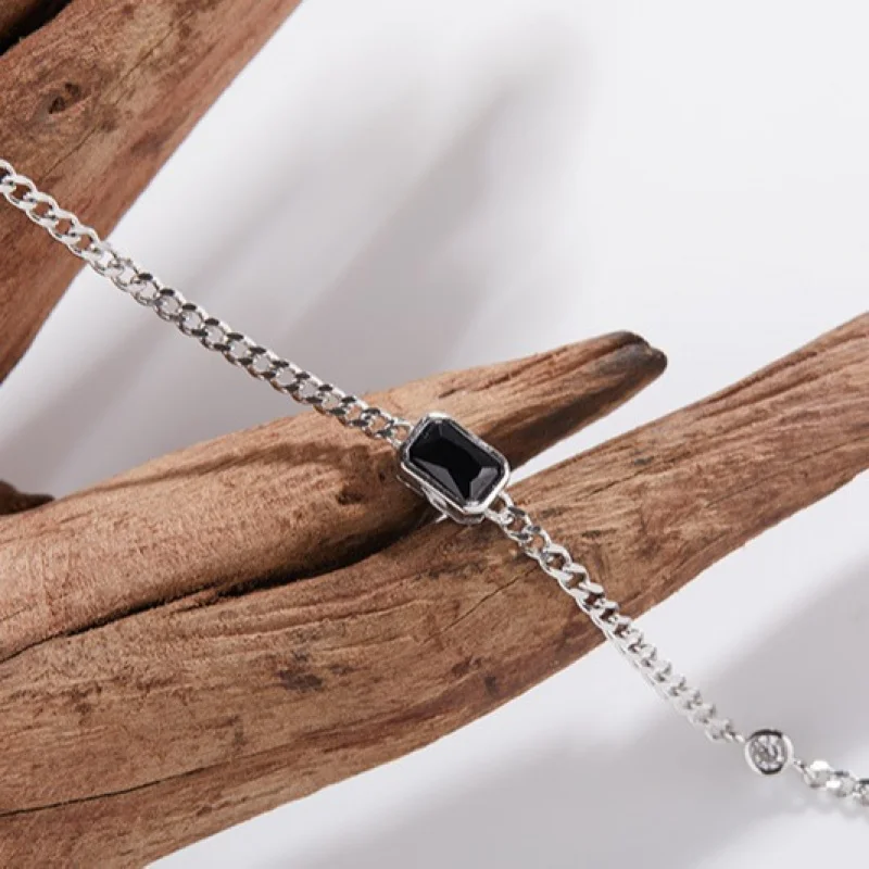 

Niche Design Minimalist Square Colorful Gemstone JewelryS925Pure Silver Inlaid Natural Black Spinel Women's Bracelet Wholesale
