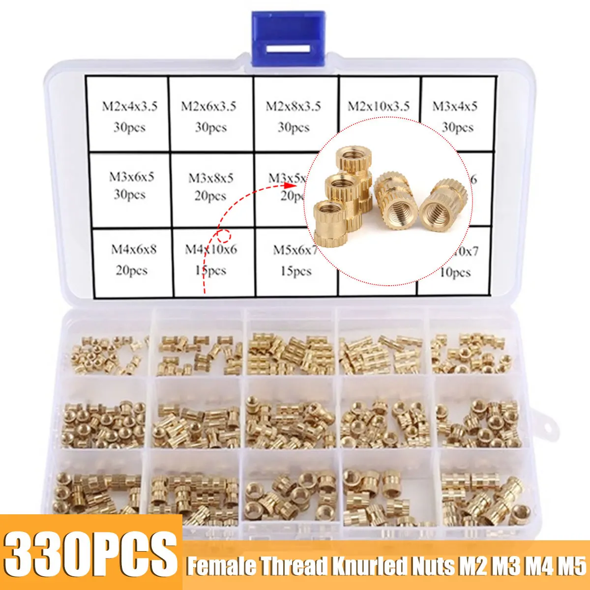 330 pcs/set M2 M3 M4 M5 internal thread knurled nuts Brass thread insert circular injection molded pattern nuts set 3D printer