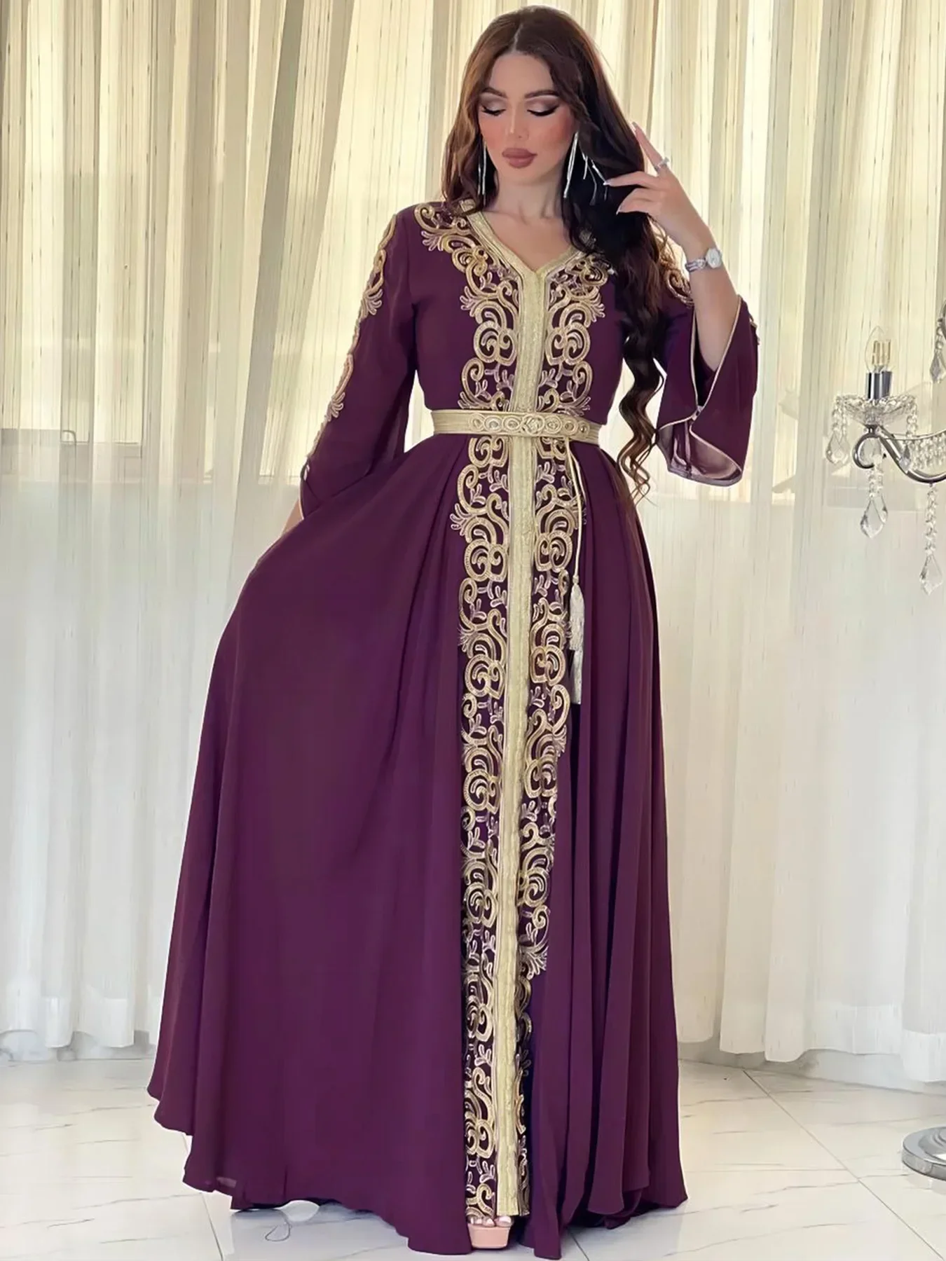 Eid al-Adha arabski dubaj haftowana aplikacja sukienka muzułmańska impreza kolacja szata Abaya elegancka suknia wieczorowa długie rękawy suknia