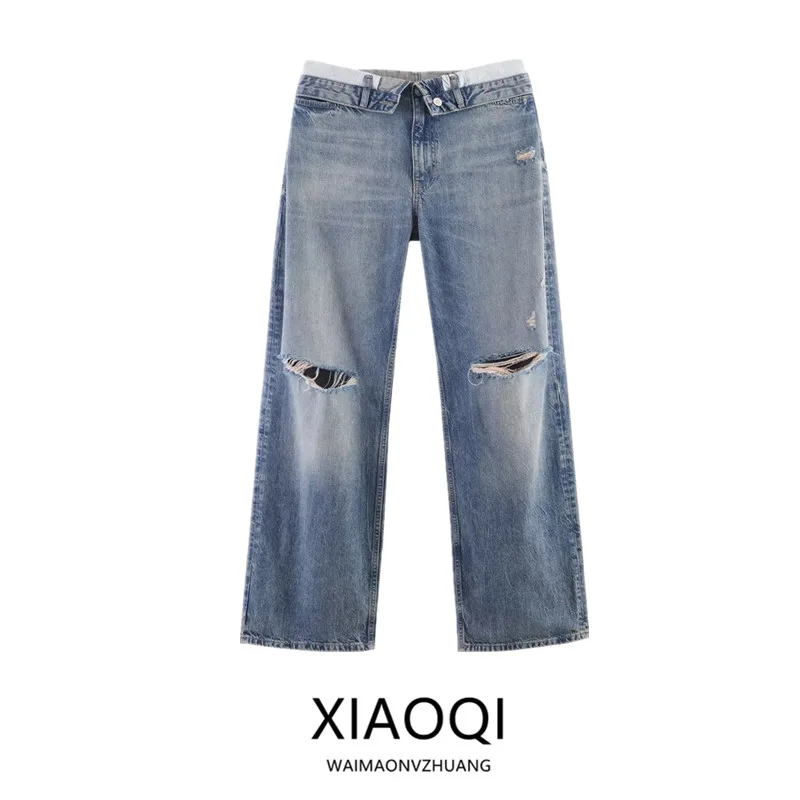 

Повседневные женские джинсы с эффектом потертости, средней посадки, весна-лето, новый стиль, с отворотами, длинные, прямые, без стрейча, с натуральной талией, на пуговицах