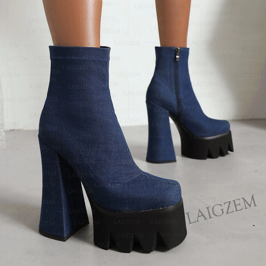 LAIGZEM Women Ankle Boots Platform Elastic Pull On/ Side Zip Chunky Thick High Heels Short Booties Shoes Woman Large Size 41 43