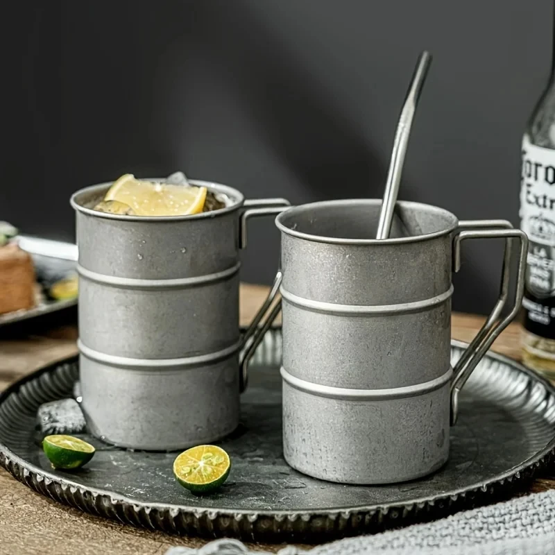 كوب بيرة عتيق من الفولاذ المقاوم للصدأ بمقبض ، قش ، تخييم ، أكواب قهوة للسفر ، كوب ماء ، أدوات شرب للمشي لمسافات طويلة ، صيد السمك ، نزهة