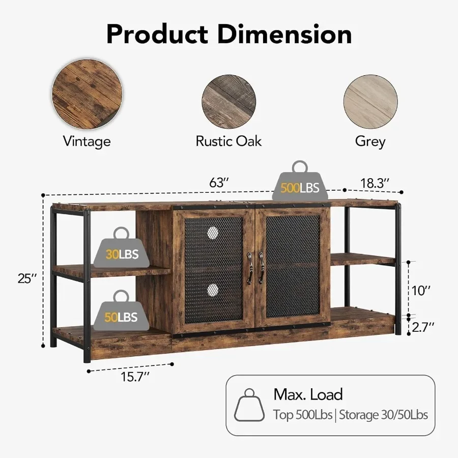 Farmhouse TV Stand for 65 Inch TVs, Rustic Engineered Wood Entertainment Center in Brown with Double Mesh Doors Open Shelves, 5