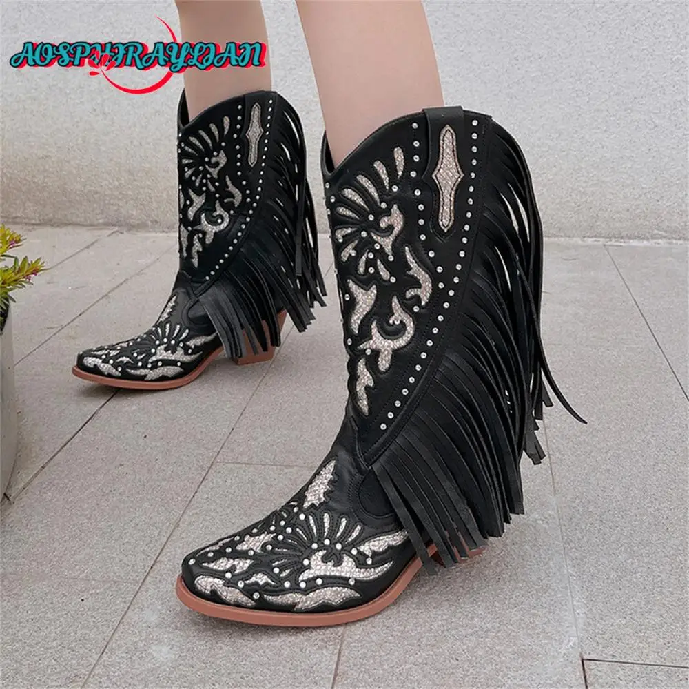 

Retro Western Tassels Fringe Cowboy Cowgirl Boots For Women 2023 Vintage Mid Calf Women Casual Shoes