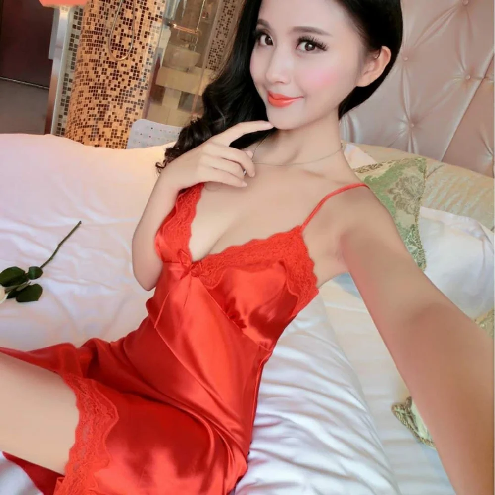 

Sexy Women Solid Color Deep V-Neck Lace Trim Silk Robe Dress Babydoll Mini Nightdress Home Nightwear Spring Summer Nightdress