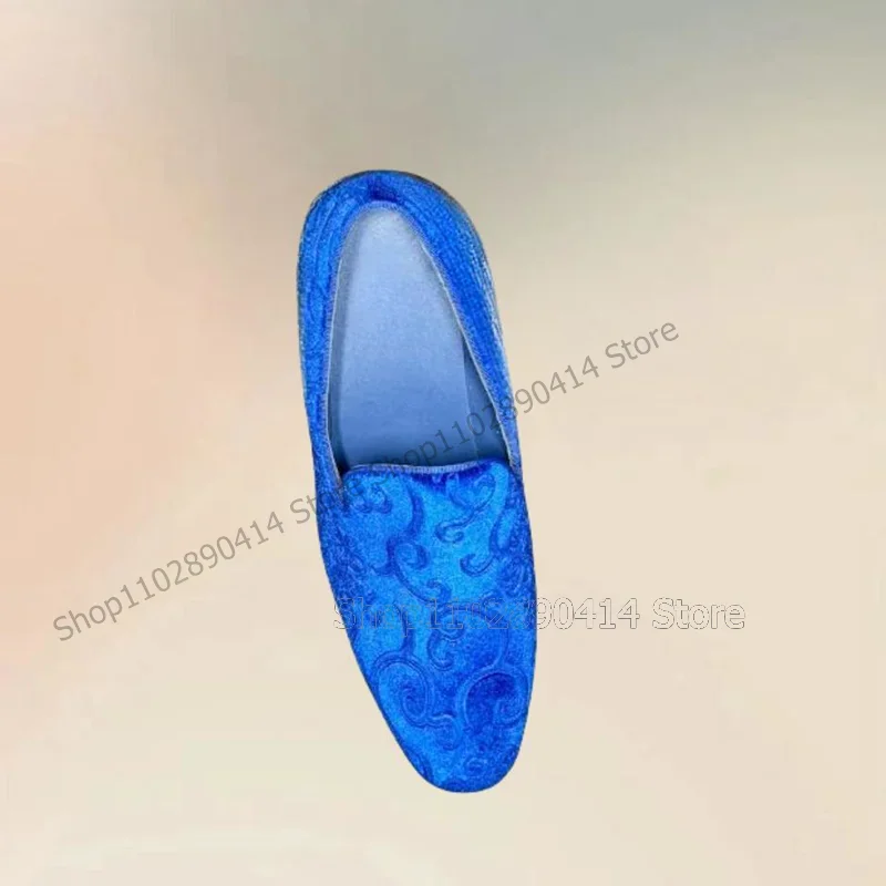 รองเท้าโลฟเฟอร์ผ้าลูกฟูกปักลายสีน้ำเงิน ดีไซน์แฟชั่น สวมใส่ง่าย รองเท้าผู้ชายสุดหรู ทำมือ เหมาะสำหรับงานปาร์ตี้ งานเลี้ยง งานแต่งงาน รองเท้าเดรสผู้ชาย