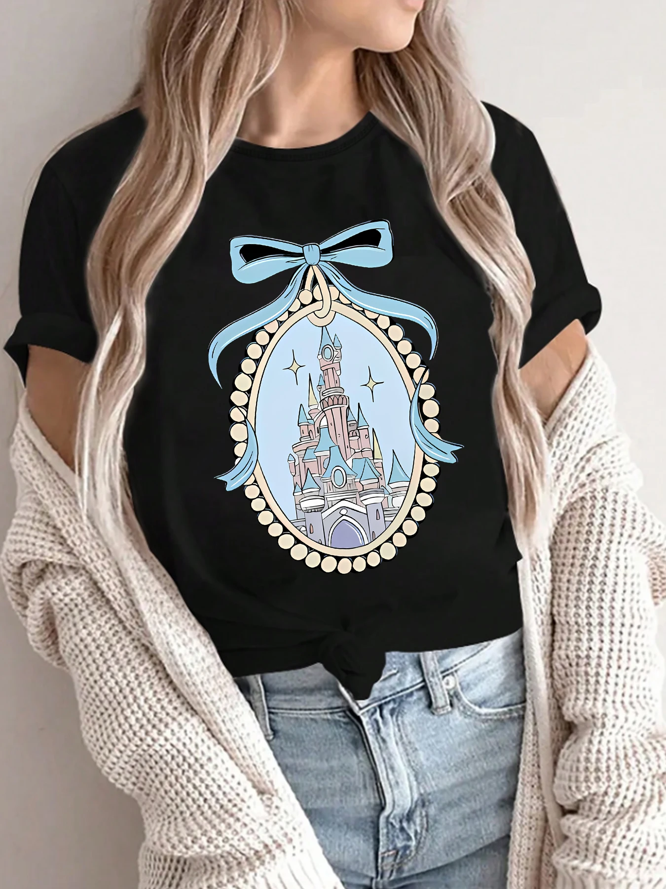 

Женская футболка с бантом и зеркальным принтом, с круглым вырезом и короткими рукавами, летняя повседневная одежда с короткими рукавами и круглым вырезом