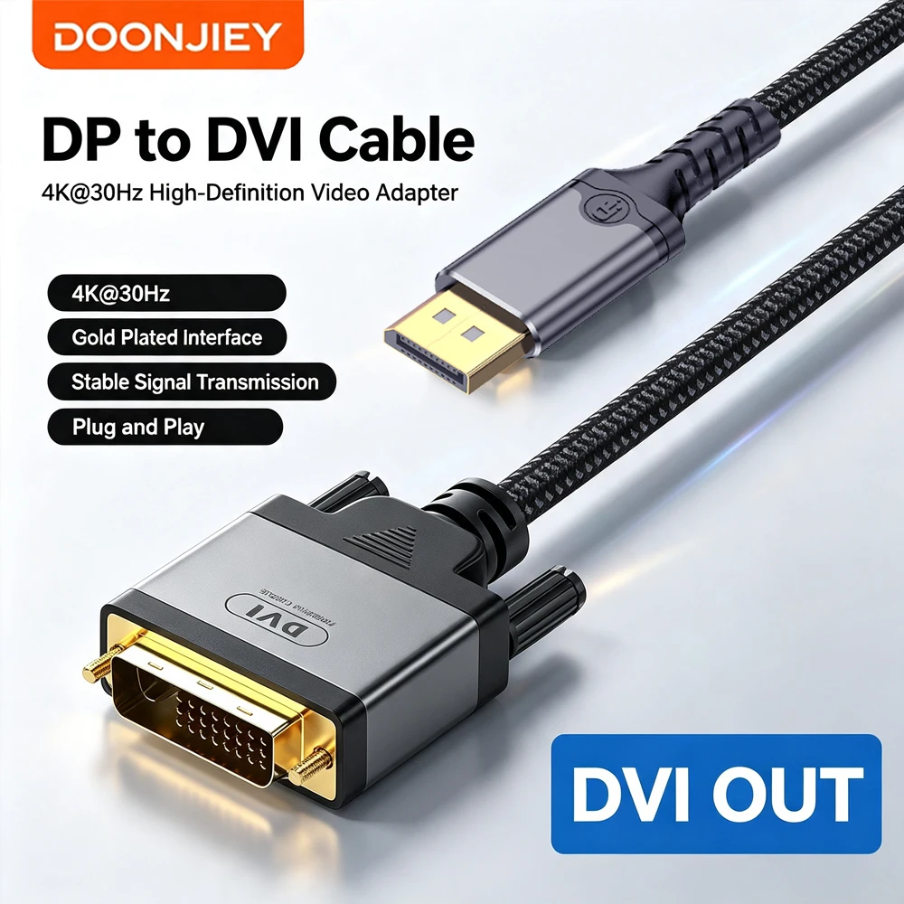 DOONJIEY DisplayPort to DVI Cable 4K@30Hz DP to DVI-D Male to Male Video Cord Adapter for PC Laptop Monitor Projector HDTV Gamin