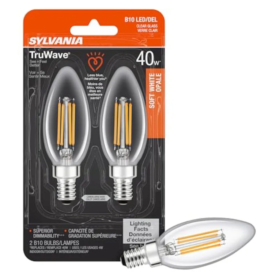 Sylvania LED TruWave Natural Series Décor B10 Chandelier Light Bulb, 40W Equivalent Efficient 4W, Candelabra Base, Dimmable, 35