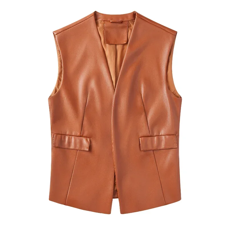 BTQWFD Women\'s Vest Faux Leather Sleeveless Jackets Loose Motorcycles Biker Female Tops 2024 Spring New Korean Fashion Clothing