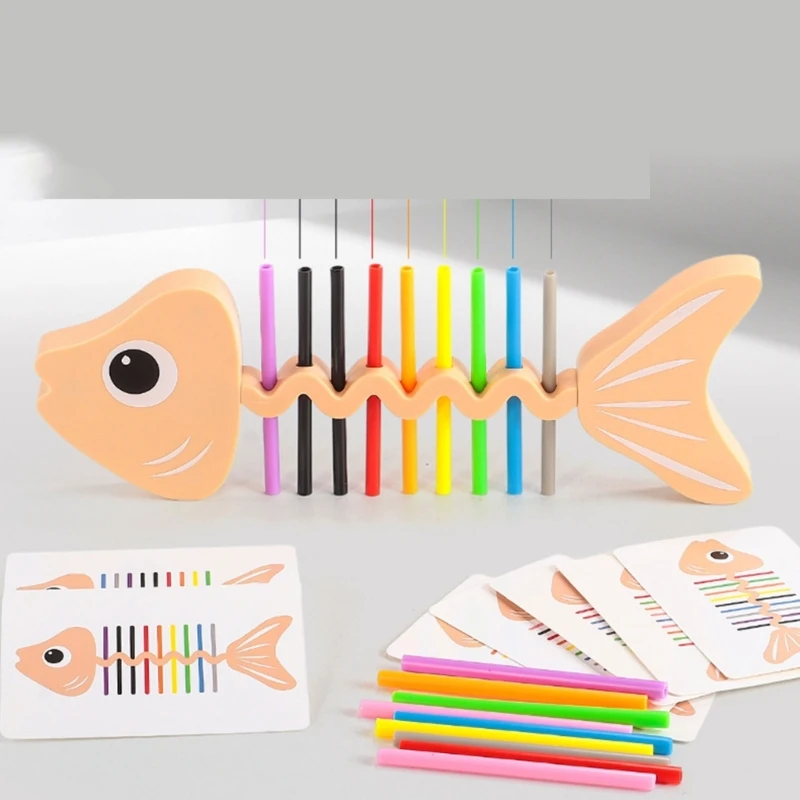 Kids Fishbone Color Pairing Game with 18 Colored Rods, 60 Patterns and Hands-On Preschool Play for Ages 3 and Up 15UB