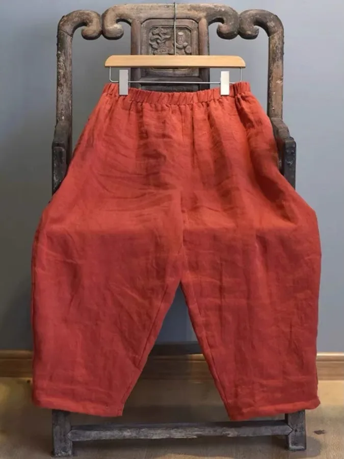 

plus Size Women's Retro Linen Harem Pants Summer Elastic Waist Loose Zen Cotton Linen Casual Nine Point Wide Leg Carrot Pants
