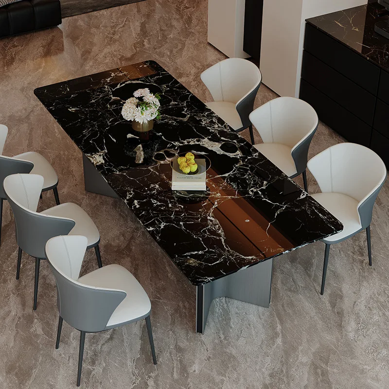 

Natural Black Rose Dining Table and Chairs Premium Marble Rectangular Modern Minimalist