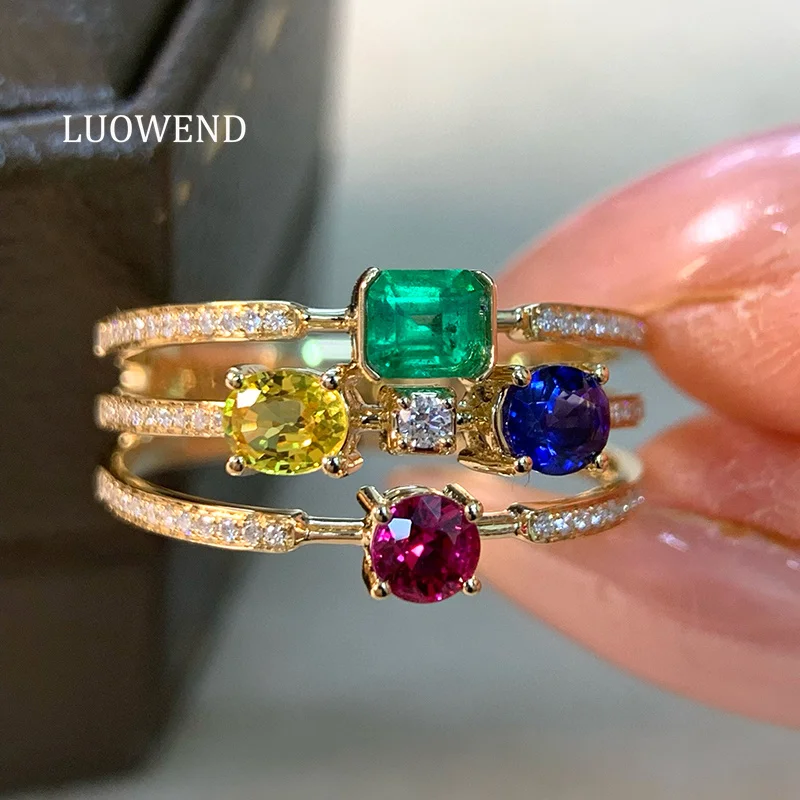 LUOWEND 100% 18K Yellow Gold Rings Luxury Rainbow Design Shiny Diamond Natural Gemstone Ring for Women High Party Jewelry