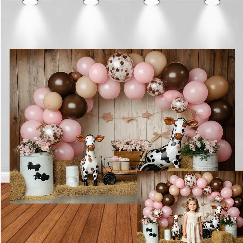 LS Photography Backdrop Arch Balloon Cow Print Felt Cart Decor Birthday Cake Smash Baby Shower Kids Portrait Photo Background
