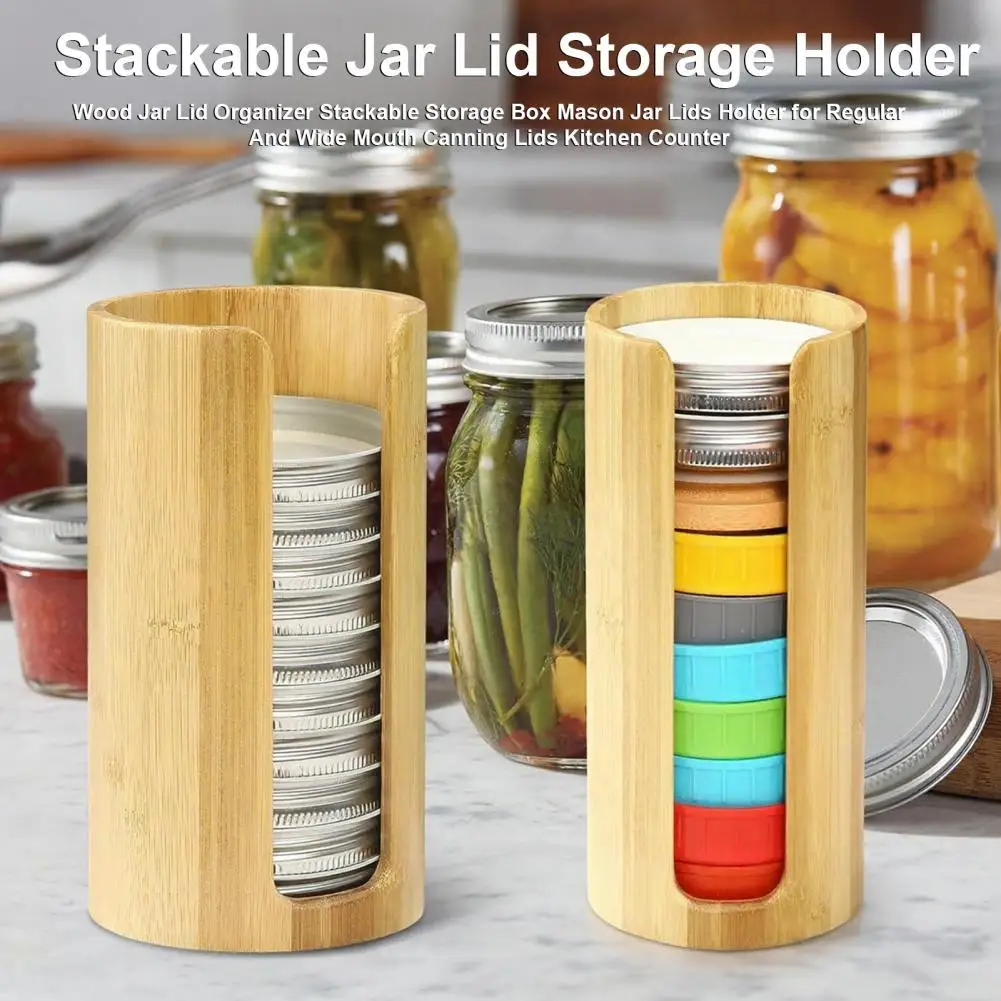Compact Jar Lid Container Wood Bamboo Mason Jar Lid Organizer Stackable Storage Box for Regular Wide Mouth Canning Lids Kitchen