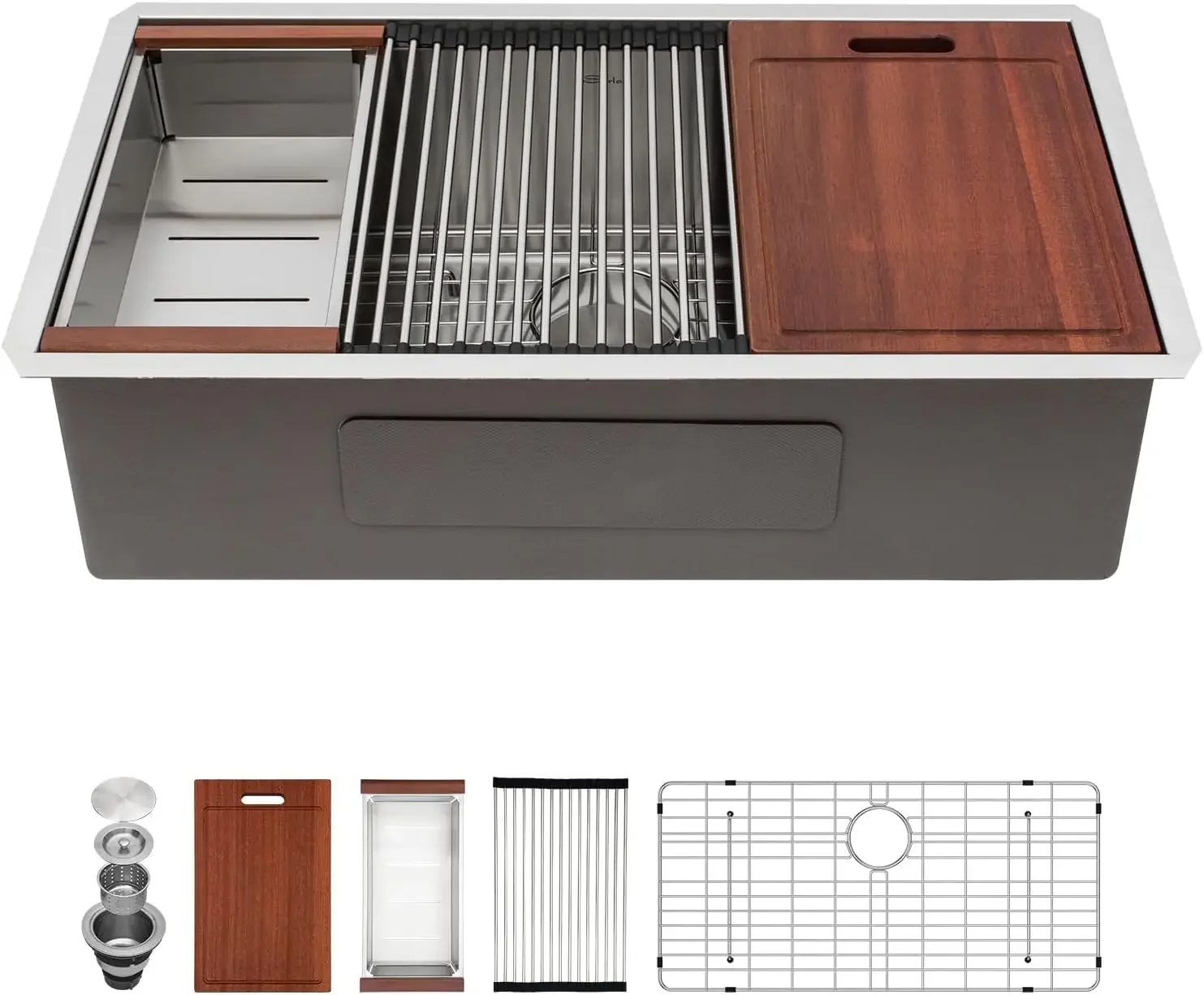 

Кухонная мойка подстольного монтажа 33 x 19 дюймов, глубокая одинарная чаша, из нержавеющей стали 16 калибра, с рабочей станцией и полкой, для установки под столешницу