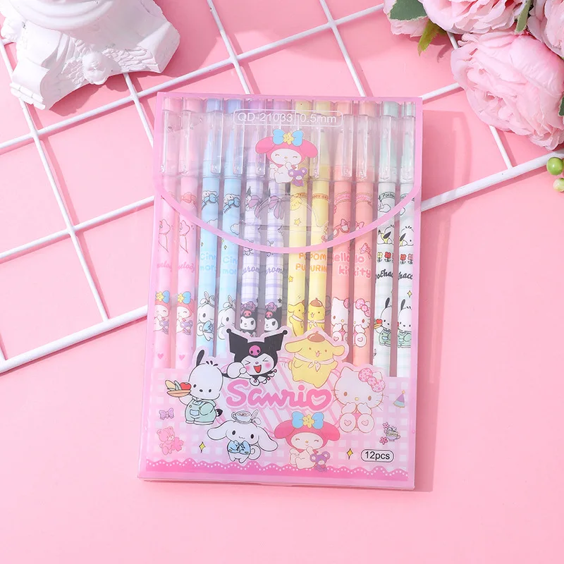 12Pcs Sanrio Erasable Pen Mymelody Kuromi Cinnamoroll Blue Ink Writing Refill Signature Tool Push Button School Office Supplies