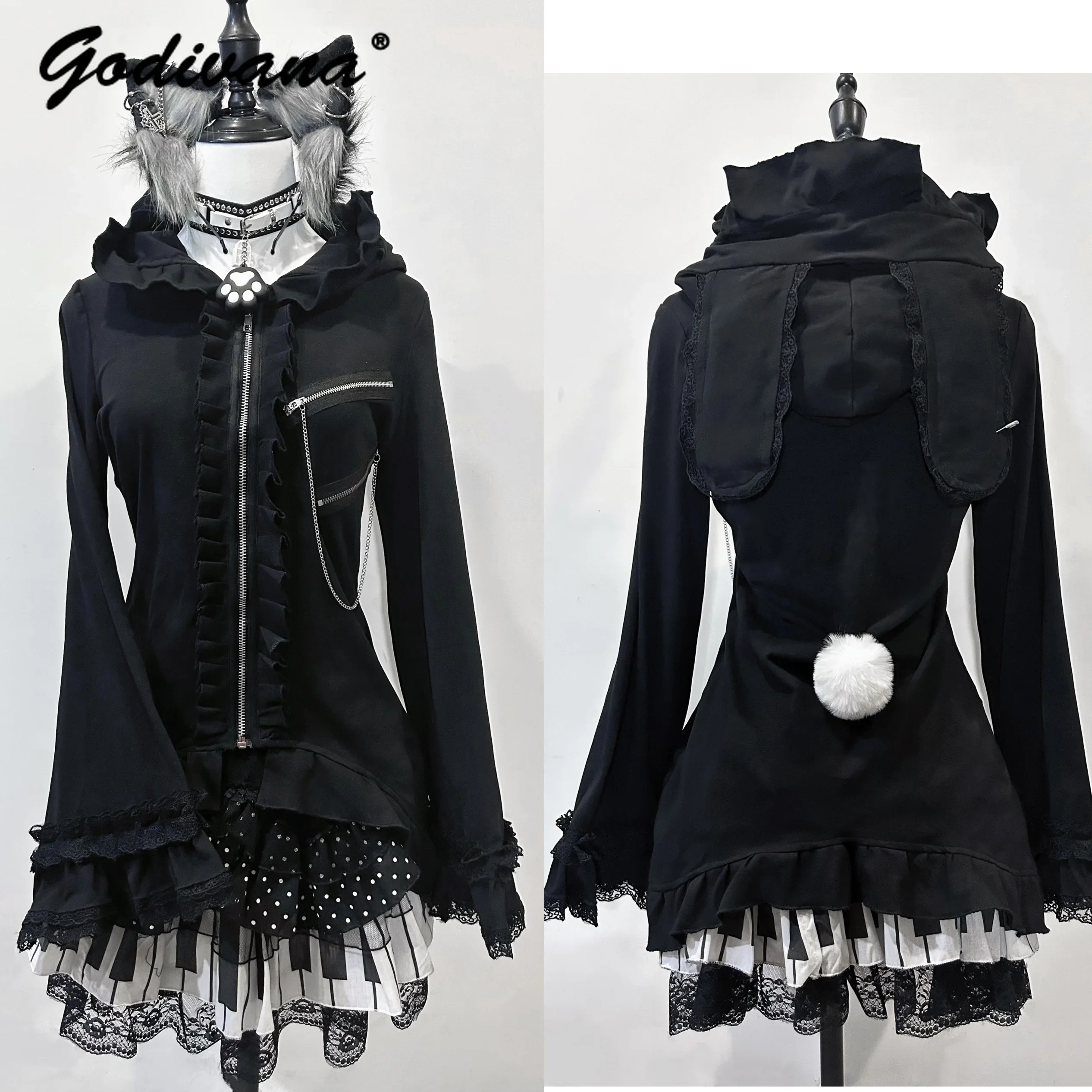 Original New Autumn Lace Rabbit Ear Subcultural Long Sleeve Cardigan Punk Jacket Y2K Female Girls Black and White Hoodie Coat