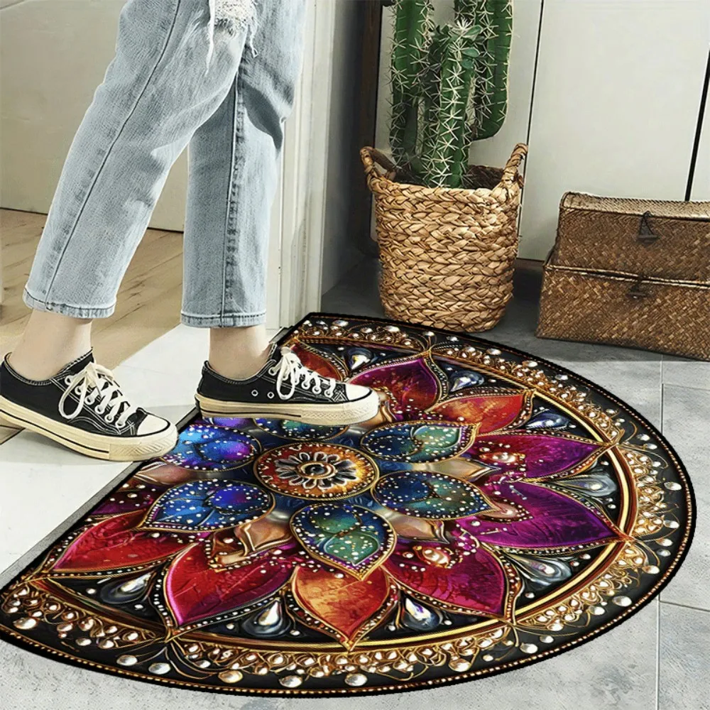 VIKAMA Semi-Circular Floor Mat with Mandala Floral Design, Machine Washable, Suitable for Entryway, Bedroom, and Bathroom Use