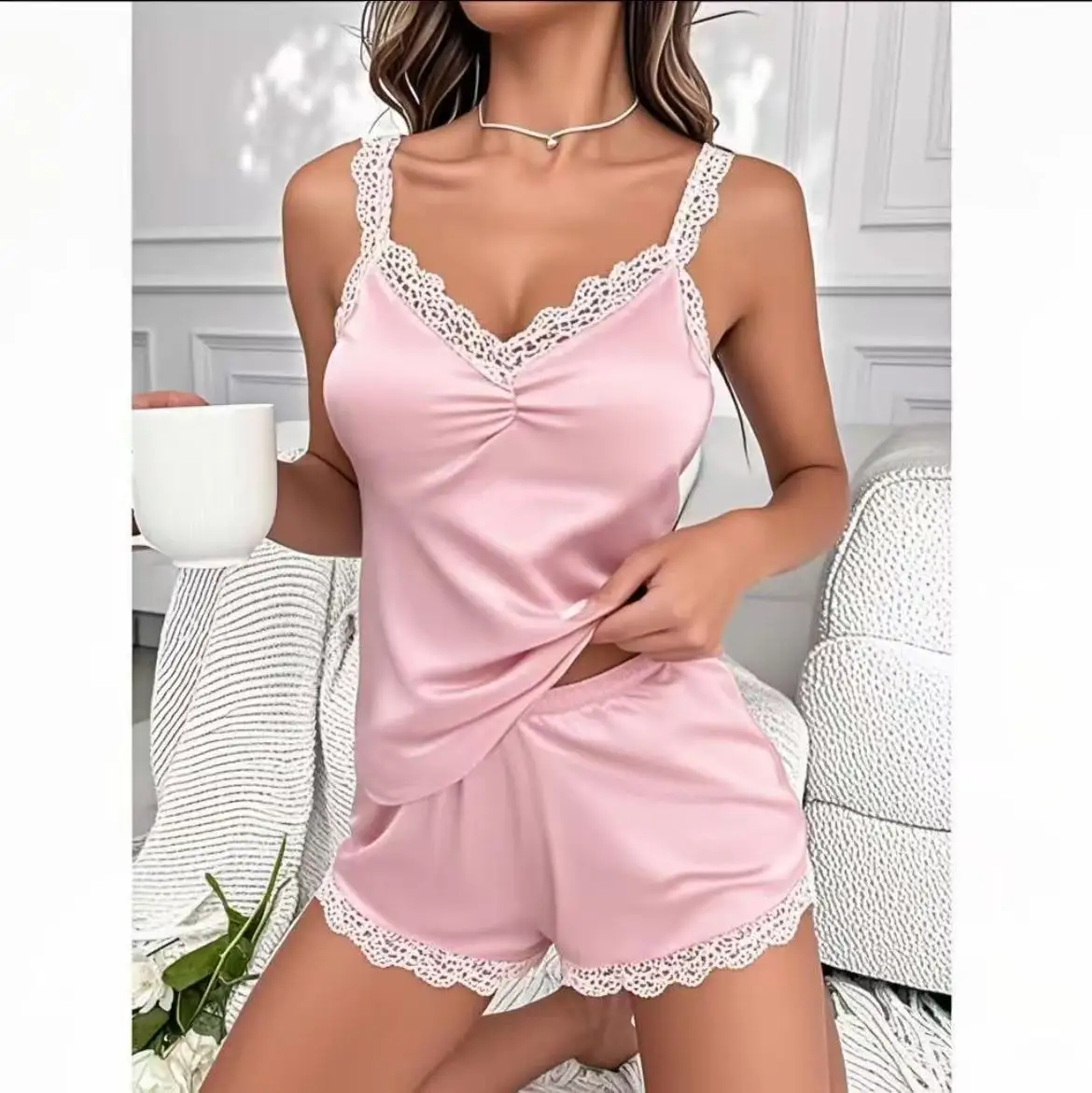 Women Lace V Neck Pajamas Sexy Gentle Sleepwear Summer Home Wear Suspender Waist Chest Slimming Short Nightgown