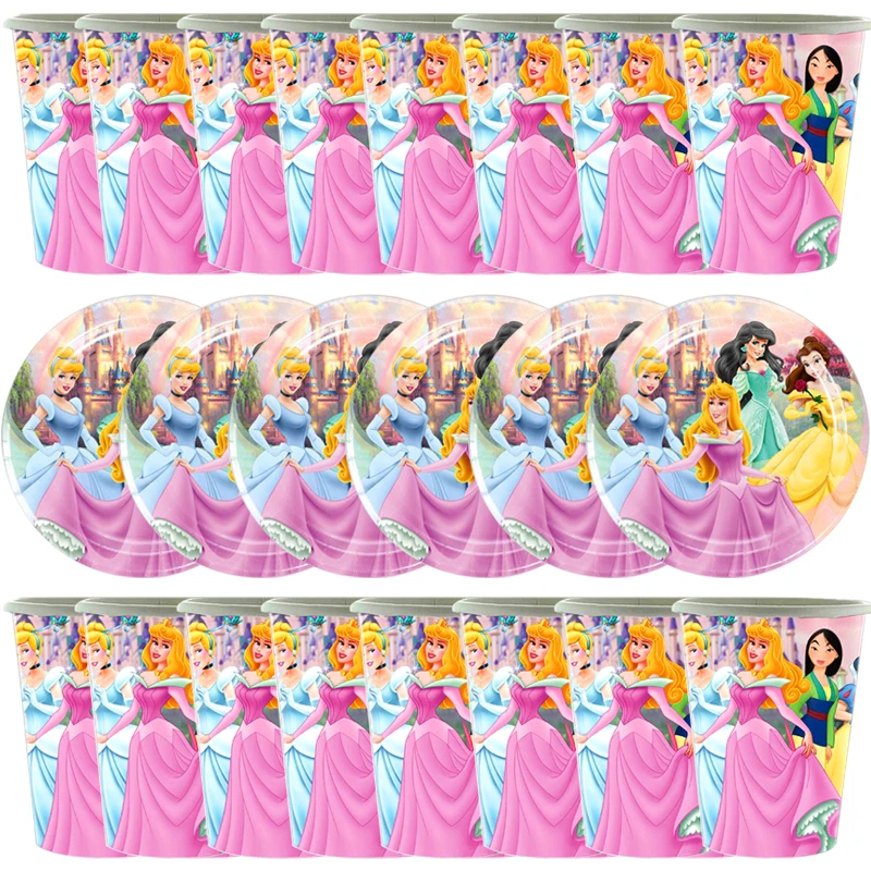 

60pcs/lot Kids Girls Favors Disney Princesses Theme Cups Dishes Happy Birthday Party Baby Shower Plates Decorate Tableware Set