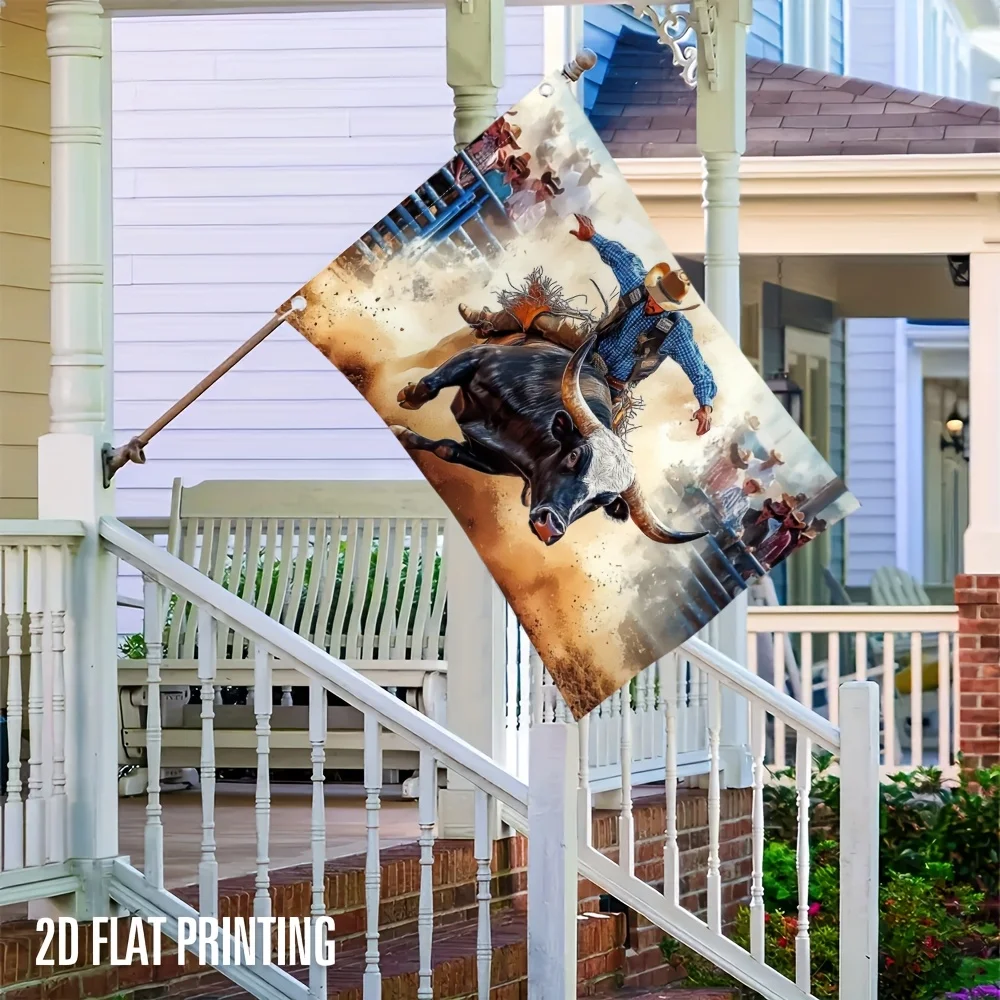 Bull Riding Cowboy Flag Vibrant Illustration Durable Polyester Outdoor Garden Home Decoration