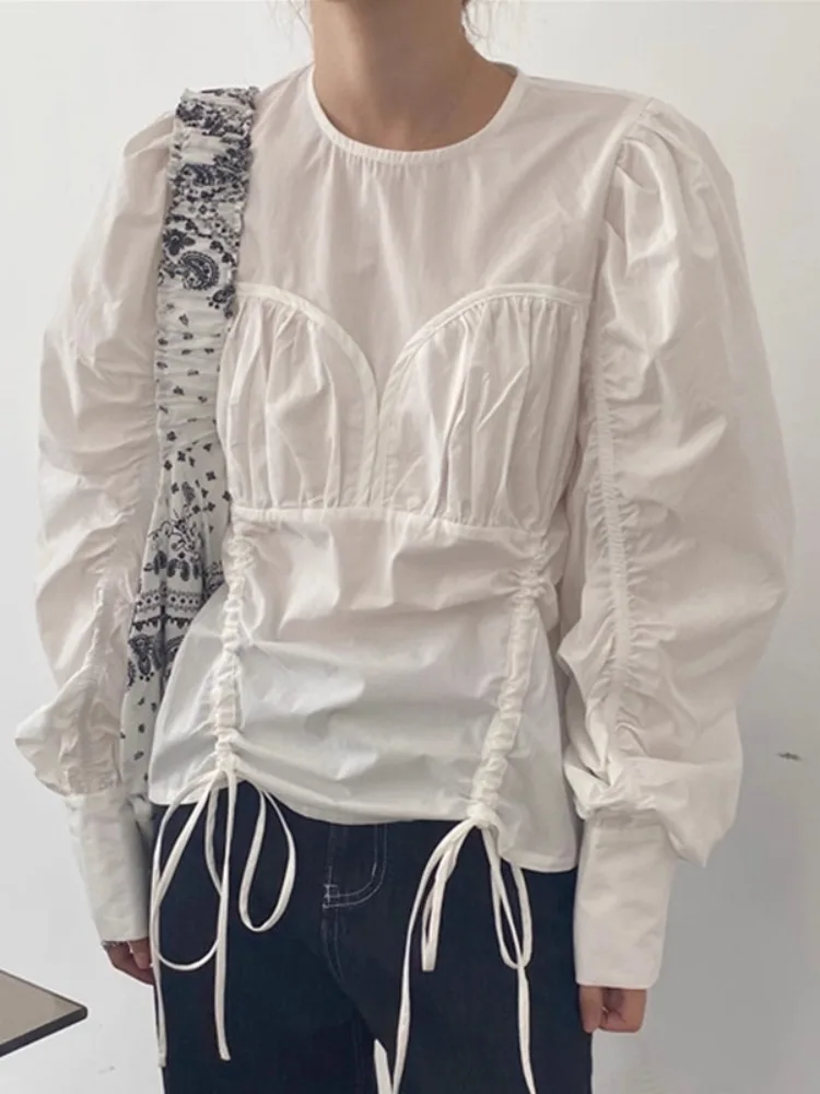

Korean Chic White Long Sleeve Shirt Women Elegant Vintage Lace Up Drawstring Blouses 2025 Early Autumn New Blusas De Mujer