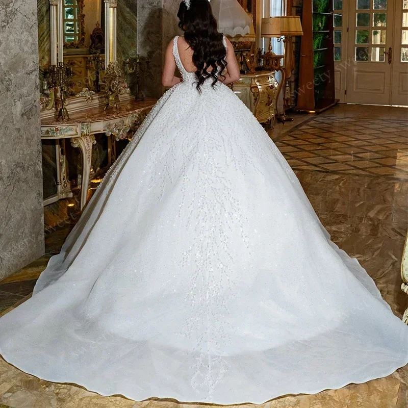 Customize Luxury Glitter Beading Wedding Dresses Princess Ball Gown Sleeveless Square Collar Bride Dress Vestido De Novia