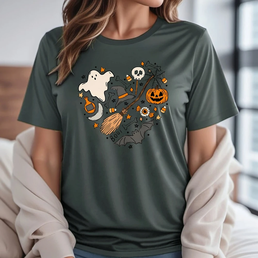 Cute Halloween Ghost Graphic Tee Outfit Oversized High Quality Cotton Top Crew Neck Pullover Clothing Y2k Women Short Sleeve