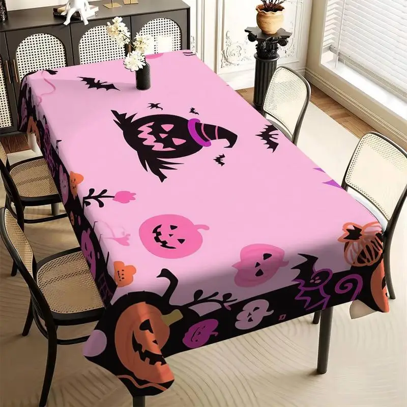Halloween Rectangle Table Cloth Light Pink Witch Hat Pumpkin Bat Reusable Tablecloth for Holiday Party Halloween Table Decor