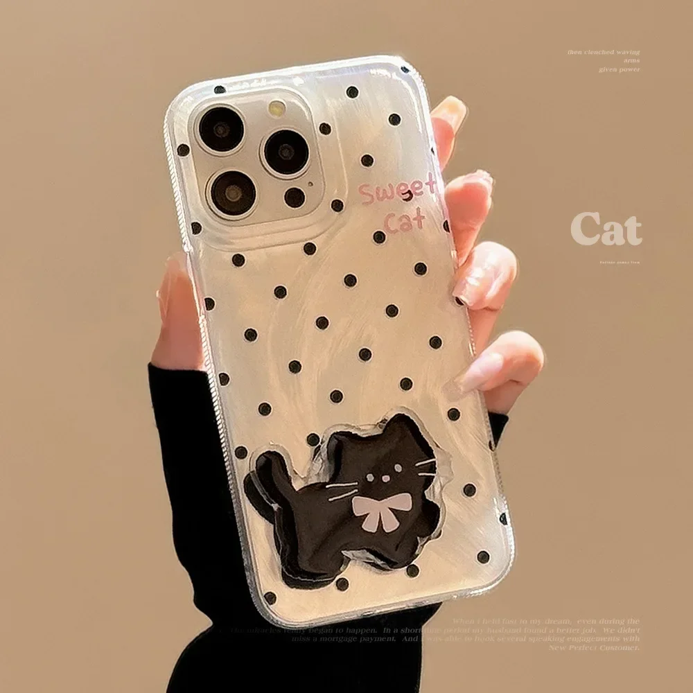 Ins Style Polka Dot Black Cat Bracket Phone Case for IPhone16 15 14 12 13 11 Pro ProMax Plus X XR Shockproof Phone Cover