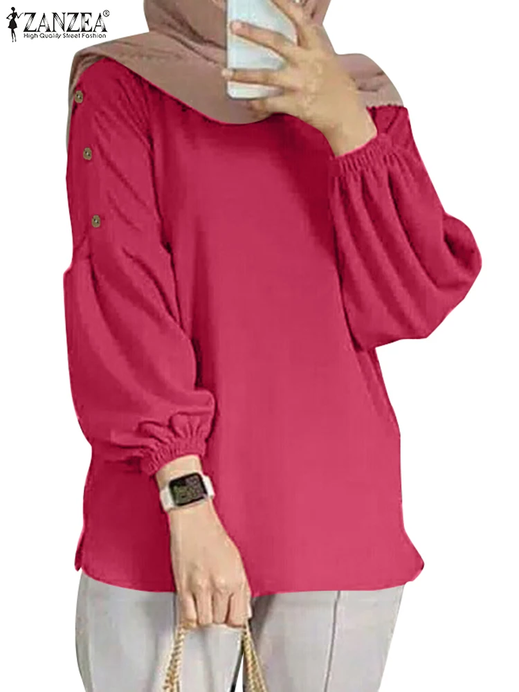 ZANZEA Islamic Hijab Style Lantern Sleeve Blouses Women Muslim Fashion Casual Solid Color O Neck Blusas Mujer Fall 2024 Shirts