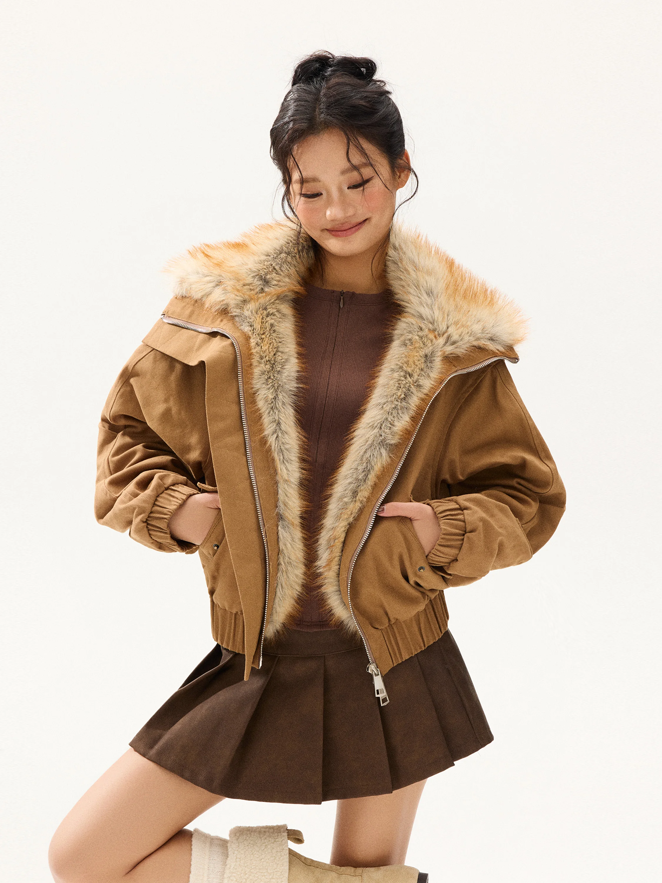

Free Sonata American Retro ort Bomber Jaet Women's Warmth Coat with Fur Collar Loosely Fit Thiened Cotton Outerwear