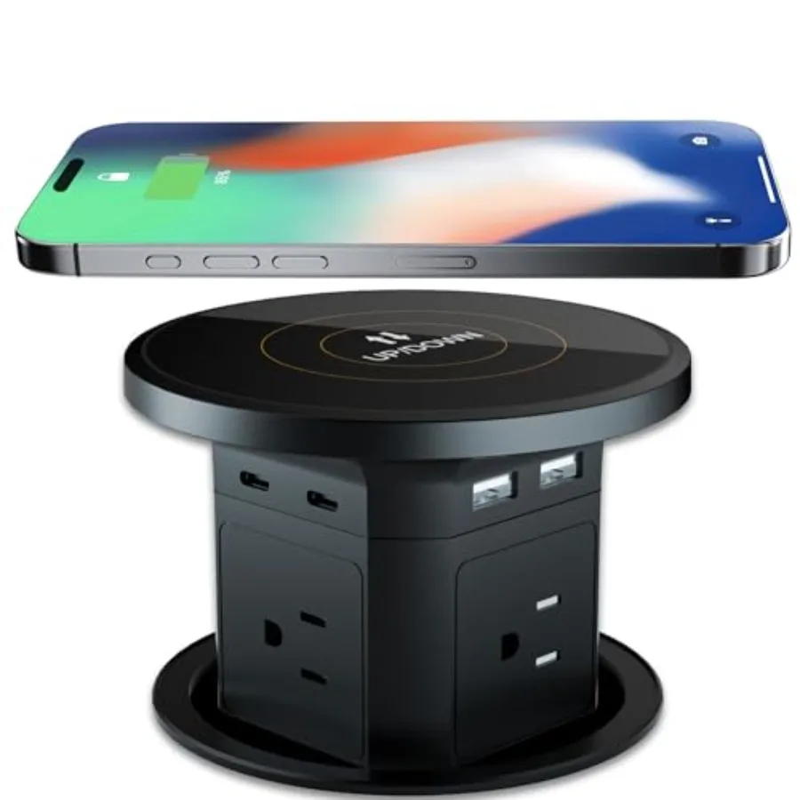 

Выдвижная розетка 9 в 1 с беспроводной зарядкой, 4 порта переменного тока и 4 USB-порта, защита от перегрузки 2500 Вт, глобальное напряжение 100–240 В, 4–1/8 дюйма, Cutou