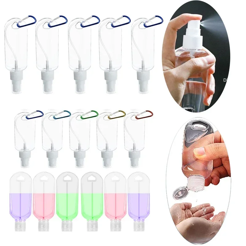 10 stuks 30-60 ml draagbare doorzichtige plastic reisflessen met sleutelhangercontainers met flip- en sproeideksel voor handwrijven alcoholvloeistof